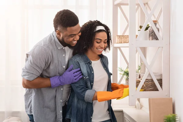 Loving Black Couple Cleaning Flat Together, Wiping Dust From Shelves