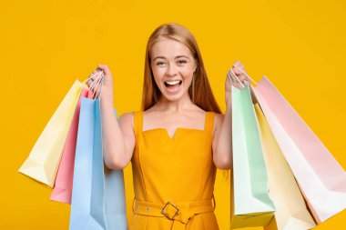 Başarılı bir alışveriş. Heyecanlı Kız Renkli Kağıt Torbası, Sarı Arkaplan