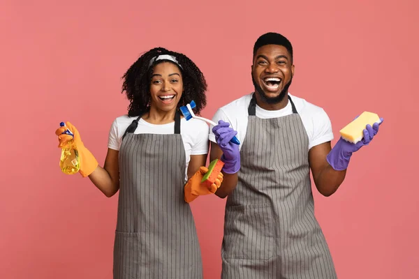 Domestic Cleaning Team. Portrait Of Professional Cleaners Couple Posing With Household Supplies — Stock Photo, Image