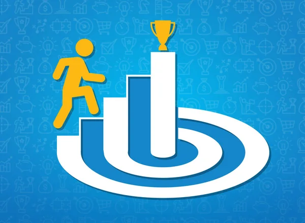 Motivation and career growth. Illustration with person going up ladder to reach trophy, blue background — Stock Photo, Image