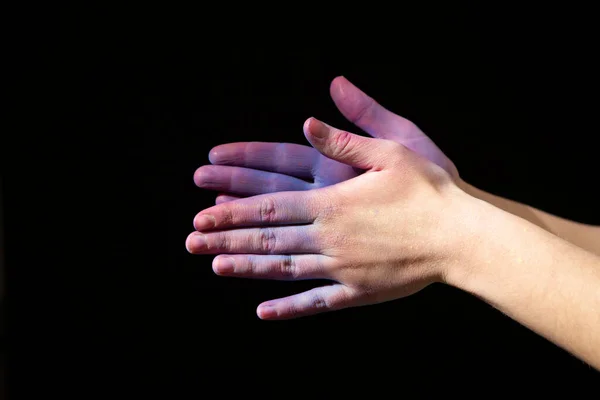 Traditional holiday Holy in trendy. Hands in violet paint — Stock Photo, Image