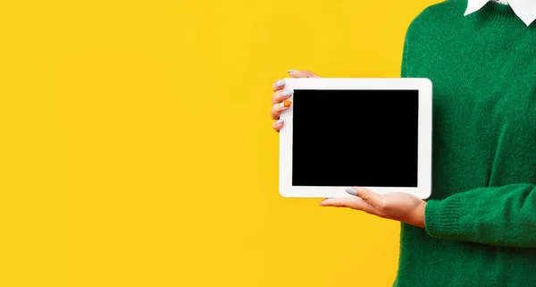 Happy african teenager holding digital tablet at studio — 스톡 사진