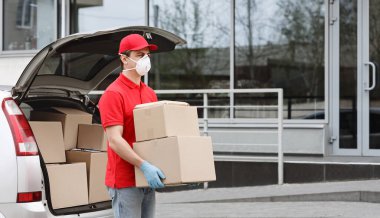 Self isolation of client and fast delivery concept. Courier takes out parcels of the car. clipart