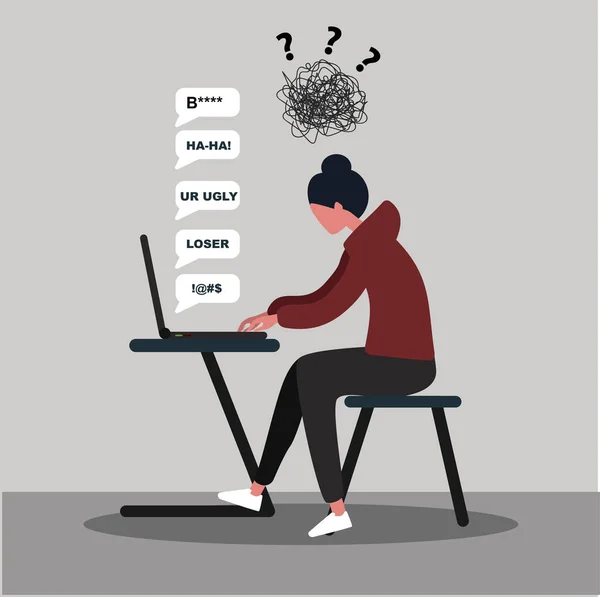 Online misbruik. Meisje met laptop wordt lastig gevallen in chat op grijze achtergrond, vector illustratie in platte stijl — Stockvector