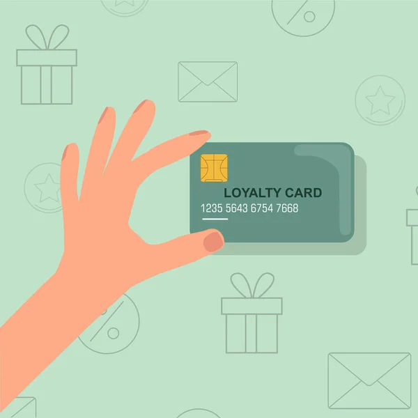 Klient posiadający kartę bonusową z programem lojalnościowym na tle koloru, ilustracja wektora w płaskim stylu — Wektor stockowy