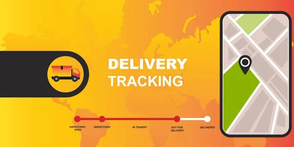 Comércio electrónico. Transporte de camiões. Navegação online global. Infográfico de rastreamento de entrega —  Vetores de Stock