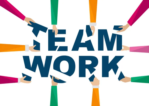 Partenaires commerciaux faisant mot TEAMWORK à partir de pièces de lettre sur fond blanc, illustration vectorielle dans un style plat — Image vectorielle