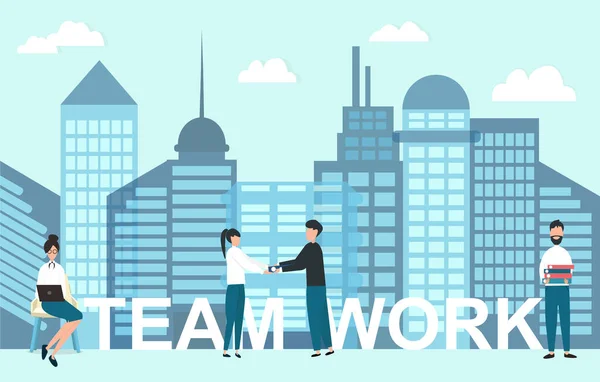 Concept de travail d'équipe. Hommes d'affaires coopérant dans une grande ville avec des gratte-ciel, illustration vectorielle dans un style plat — Image vectorielle