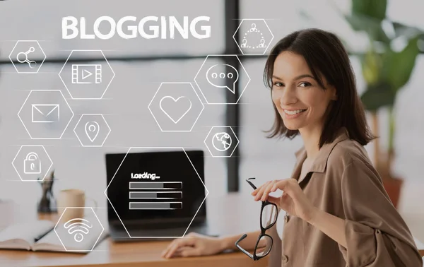 Millennial woman with laptop sitting at table in home office, collage with blogging icons on virtual screen — Stock Photo, Image