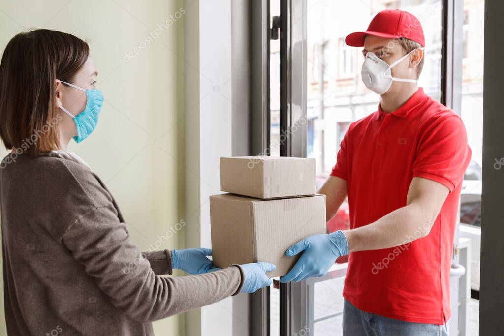 Handing over parcels from hand to hand at home concept