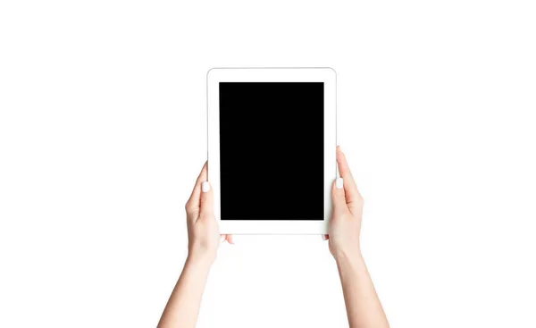 Teknologi modern. Gadis tangan dengan tablet pada latar belakang putih, ruang untuk desain Anda — Stok Foto