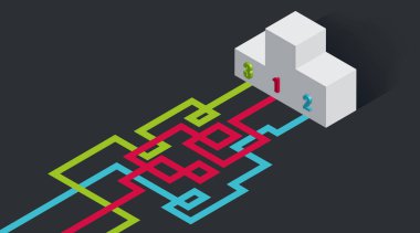 Başarı konseptine ulaşılıyor. Karmaşık çizgileri olan bir resim, karanlık arka planda kazanan kaideye götürür