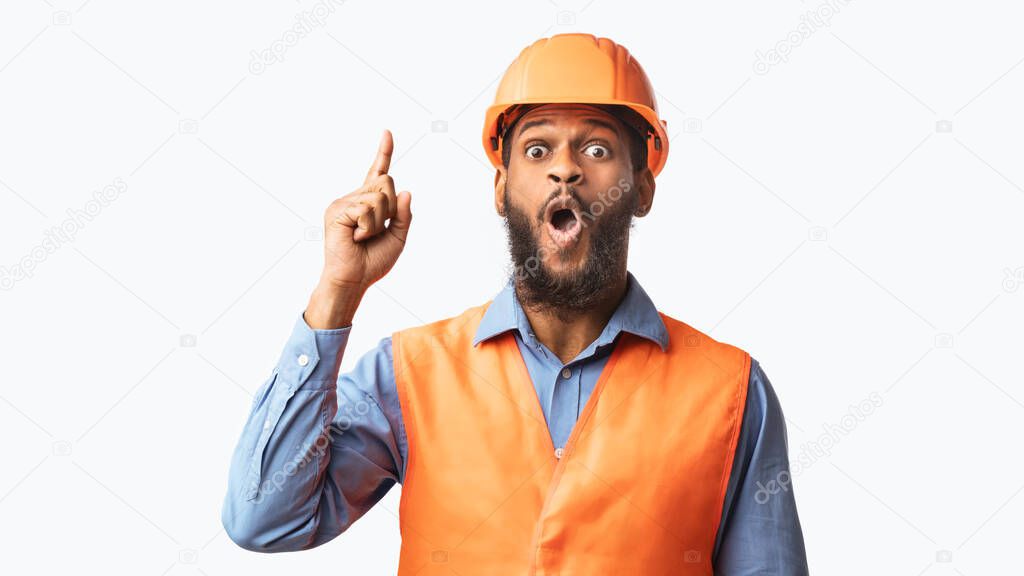 Builder Pointing Finger Up Having Great Idea On White Background