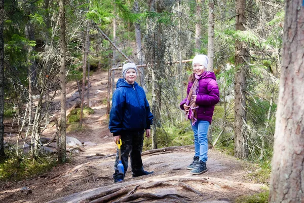 Çocuk Finlandiya ormanda yürüyüş
