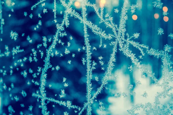 Flocons de neige congelés en hiver sur le verre — Photo