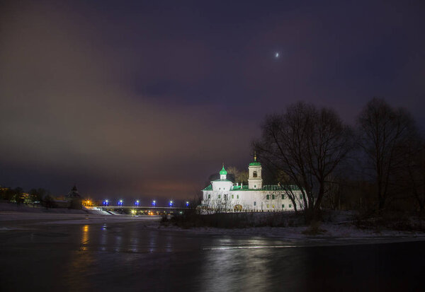 Walking through the ancient city of Pskov in winter Monastery