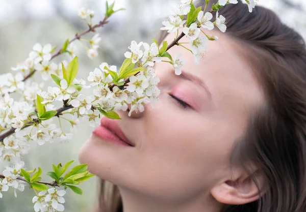 Lovely Girl Blooming White Garden Stock Photo