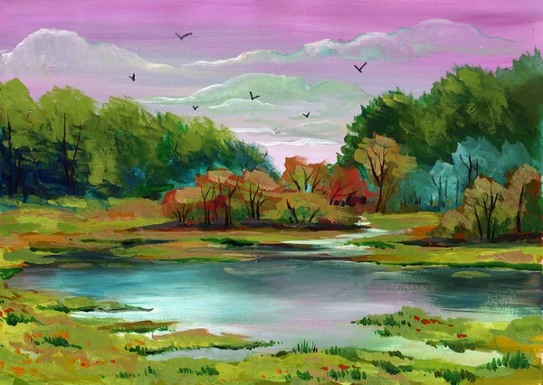 Belas cores pintadas brilhantes de uma paisagem de Parque com árvores e grama — Fotografia de Stock