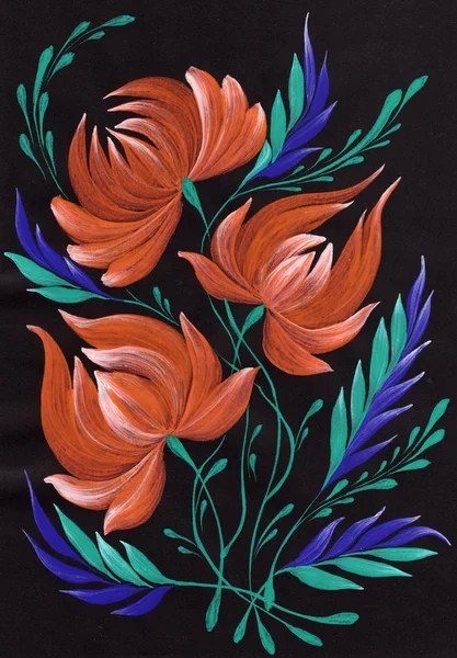 Isolated decorative bright painted flowers gouache paints — Stock Photo, Image