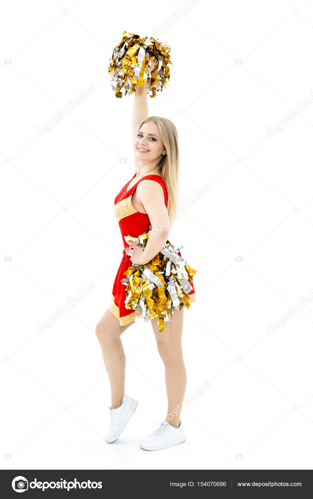 Beautiful Cheerleader In Red Costume Posing With Pom Poms Photo By Beautiful Cheerleader In Red Costume Posing With Pom Poms Photo By