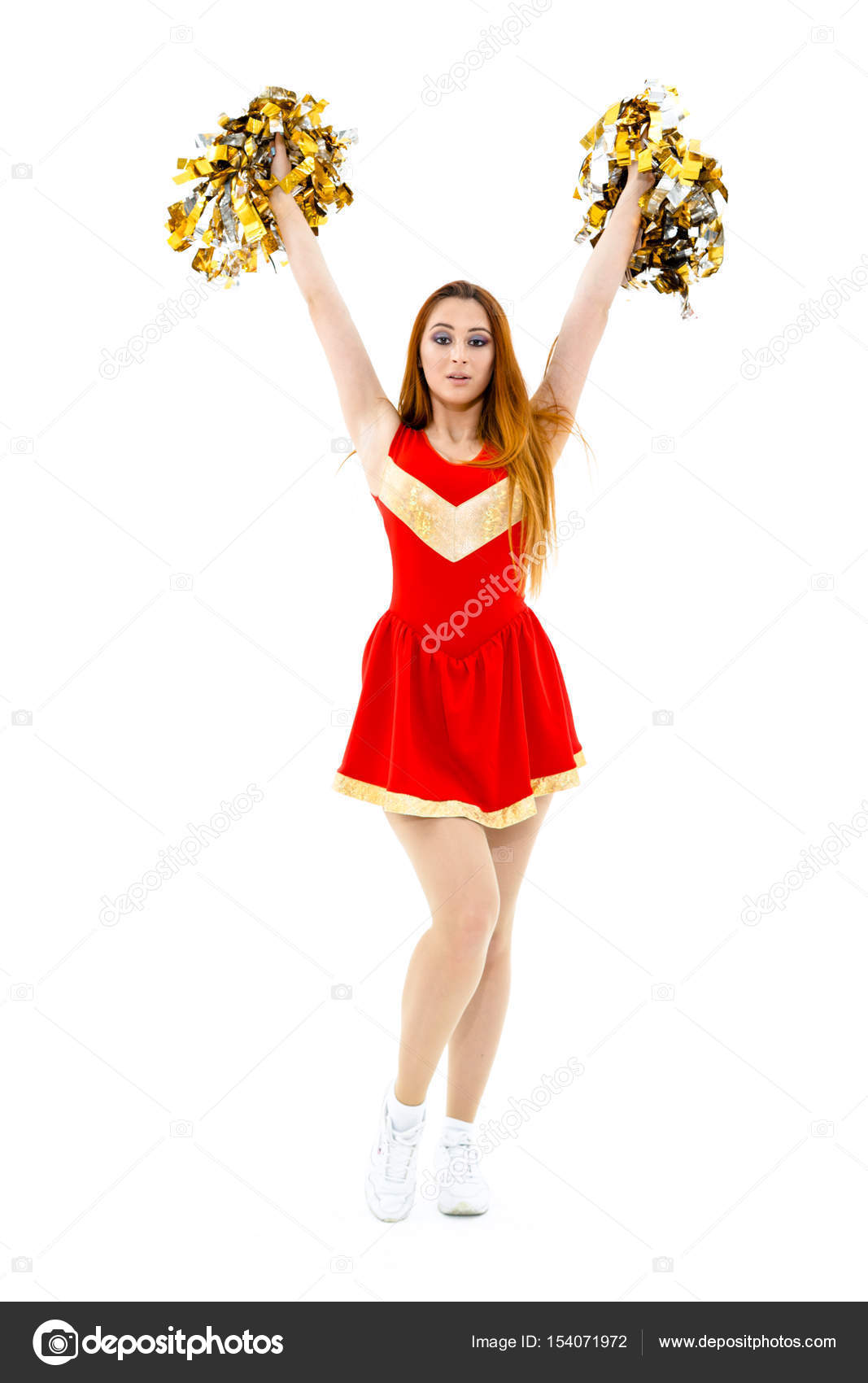 Beautiful Cheerleader In Red Costume Posing With Pom Poms Photo By Beautiful Cheerleader In Red Costume Posing With Pom Poms Photo By