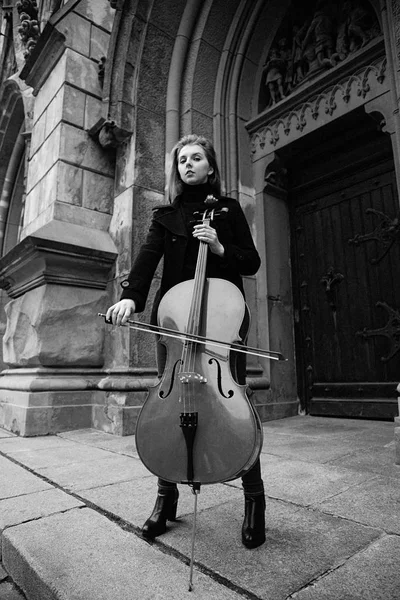 Black White Photo Young Beautiful Woman Posing Cello — Stock Photo, Image