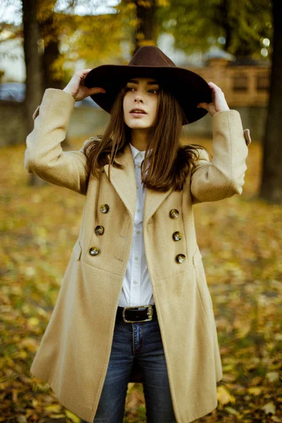 Attrayant Jeune Femme Chapeau Mode Posant Dans Parc Automnal — Photo