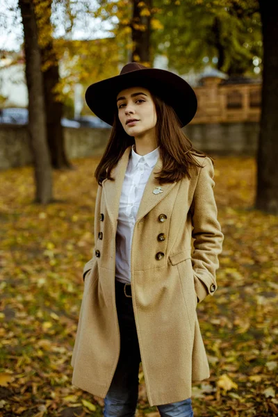 Aantrekkelijke Jonge Vrouw Trendy Hoed Poseren Herfst Park — Stockfoto