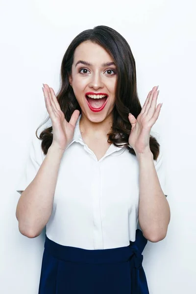 Portrait Excited Young Brunette Woman White Background — Stock Photo, Image