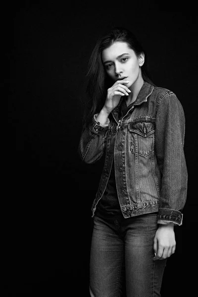 Beautiful Young Brunette Woman Denim Clothes Posing Dark Studio Background — Stock Photo, Image