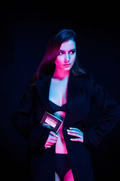 Gorgeouns Young Fashion Model Lingerie Black Coat Holding Book — Stock Photo, Image