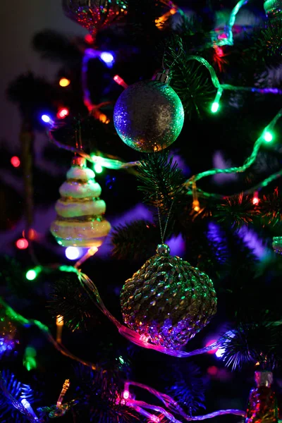 Close View Decorations Christmas Tree Night — Stock Photo, Image