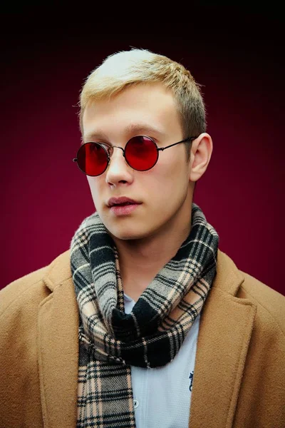 Handsome Young Man Stylish Sunglasses Scarf Posing — Stock Photo, Image