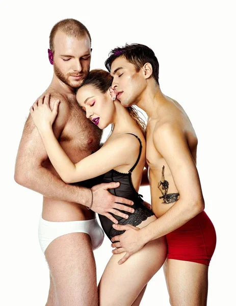 Berayun Threesome Dalam Lingerie Terisolasi Pada Latar Belakang Putih Stok Lukisan  