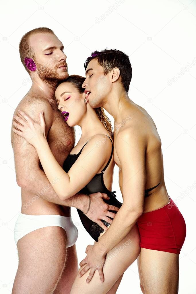 Swinger threesome in lingerie isolated on white background             