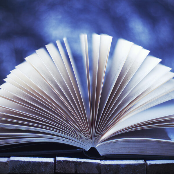 Winter story. Open book on blurred blue background