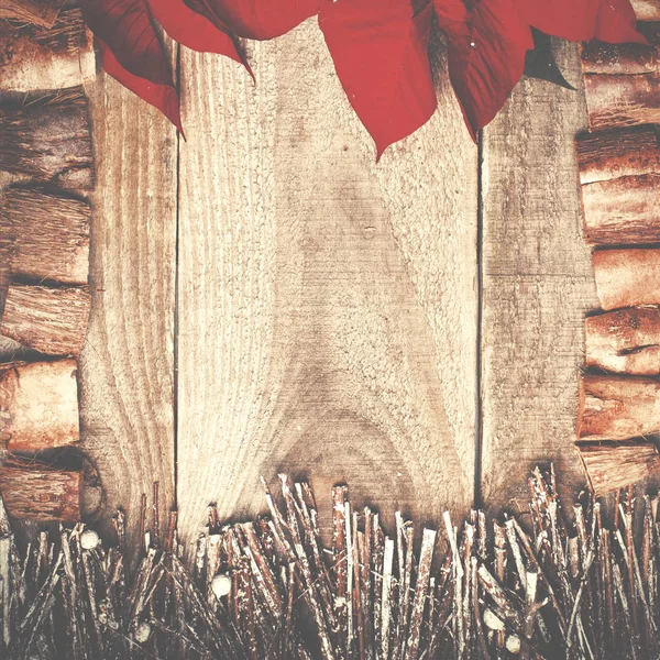 Frame ordnade från julstjärna blommor och kvistar med drift trä som bakgrund. — Stockfoto