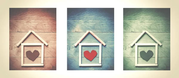 House made of chalk with red heart in it on wooden background, triptych. Sweet home concept. Mortgage — Stock Photo, Image