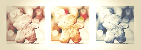 Gingerbread man with lights in background. Triptych in brown, blue and natural colour. — Stock Photo, Image