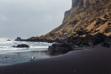 Siyah kum ve taş ile deniz kıyısı