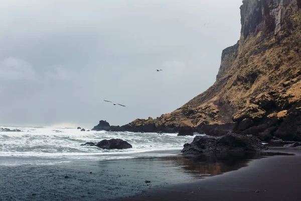 Stranden med svart sand och stenar — Stockfoto