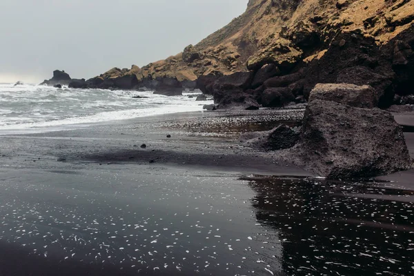 Seashore with black sand and stones