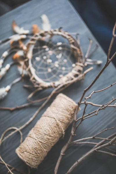 Dream catcher with branches and feathers — Stock Photo, Image