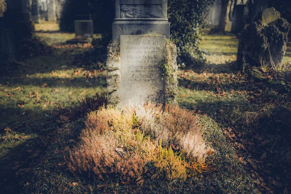 Close Lápide Velha Com Grama Cemitério Munique Alemanha — Fotografia de Stock