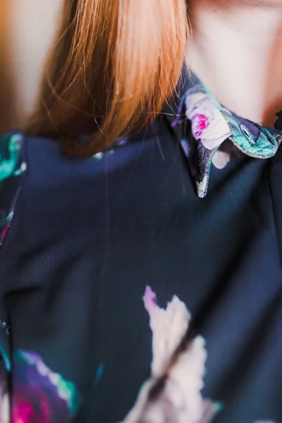Close Woman Neck Red Hair Colored Shirt Flowers — Stock Photo, Image