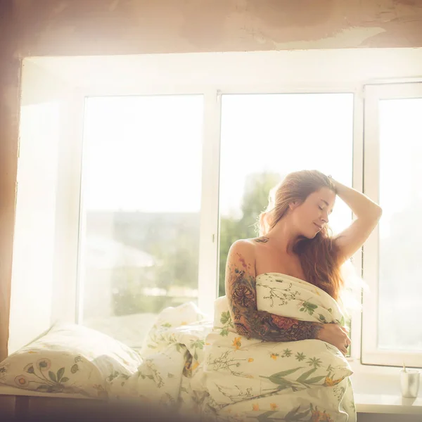 Portrait Young Naked Woman Tattoo Long Red Hair Windowsill Morning — Stock Photo, Image