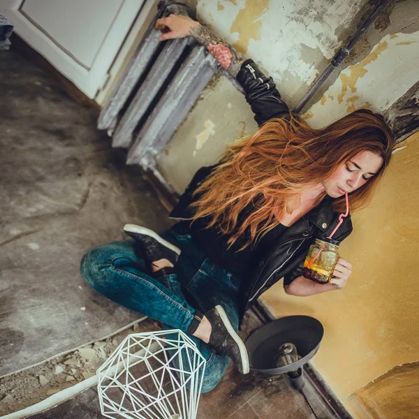 Portrait Young Fashion Woman Red Hair Tattoo Black Clothes Sitting — Stock Photo, Image