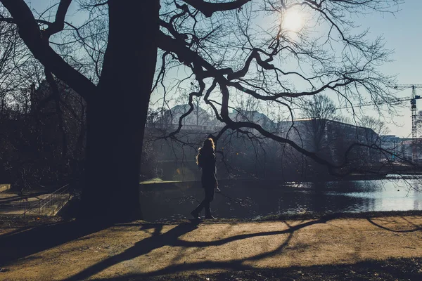 Mavi Gökyüzü Ile Sonbahar Park Arka Plan Üzerinde Yürüyen Kadın — Stok fotoğraf