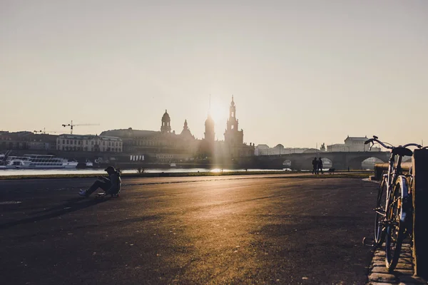 Historical City Square Sporty Male Skate Sunset Time Germany — Stock Photo, Image