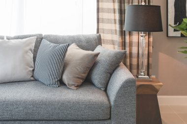 satır oturma odasında siyah lambalı gri kanepe yastık 